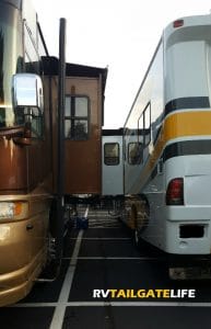 When RVs are parked back to back like this, generator exhaust would go directly into the bedrooms without a Genturi exhaust pipe! Make sure you have a Genturi as part of your dry camping basics gear