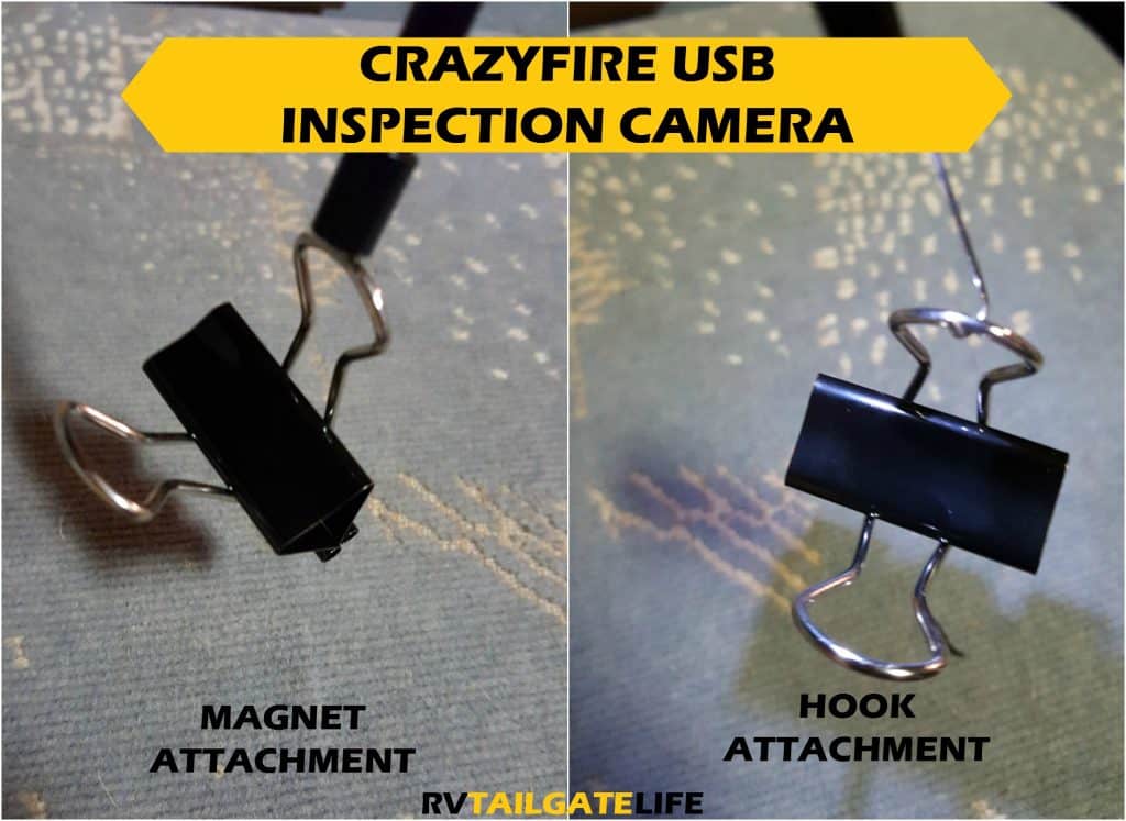 The magnet and hook attachments in action for the CrazyFire inspection camera - Borescope