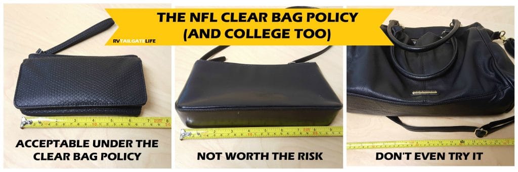 Small clutch size purses are acceptable under the NFL Clear Bag Policy. If it's longer than 6 1/2 inches, don't run the risk.