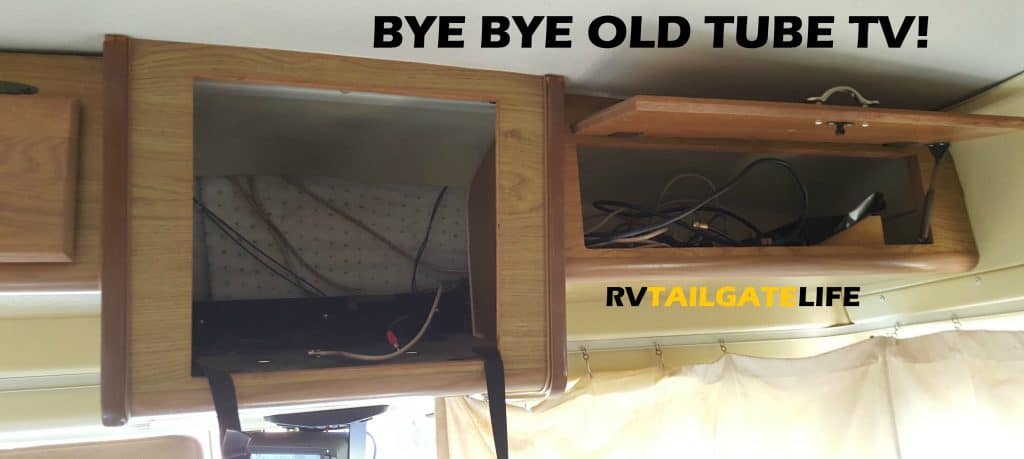 The RV TV cabinet where the new digital flat screen tv will go