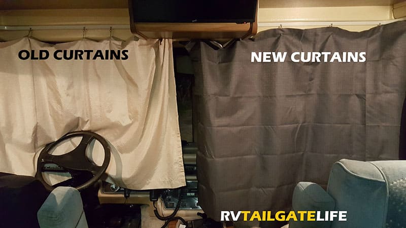 Out with the old, in with the new - the old stained and thin curtains next to the new blackout curtains in the RV windshield