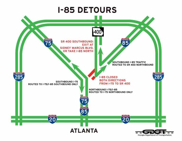 GDOT map of detours for I-85 bridge collapse