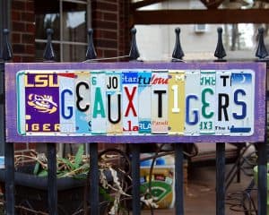 Custom license plate signs for your tailgate! Combine travel and sports in one sign!