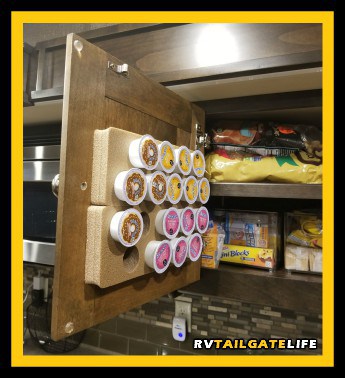 Organize K-Cups in small kitchens by using K-Cup Coffee Pod Pads on the inside of the cabinet door