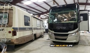 When getting a new RV, pull the RVs next to each other to help in moving. Here you see the old Winnebago and the new Tiffin 34PA side by side
