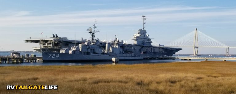 The USS Yorktown and the USS Laffey in Charleston Harbor with the Ravenel Bridge in the backgroun