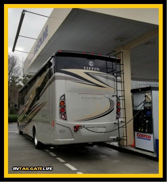 Large Class A motorhome at Costco gas pumps