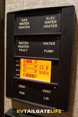 RV control panel with RV black tank, RV gray tank, RV fresh water tank, and propane levels