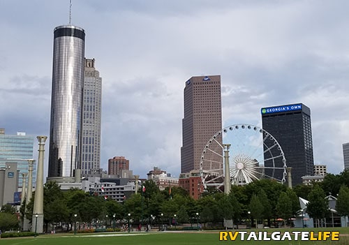 A view from outside the College Football Hall of Fame of Centennial Olympic Park and the Atlanta Ferris Wheel