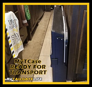 The MyTCase ready for transport inside the RV. Fits nicely in the hallway when the slides are in and still room to get around the TV case.