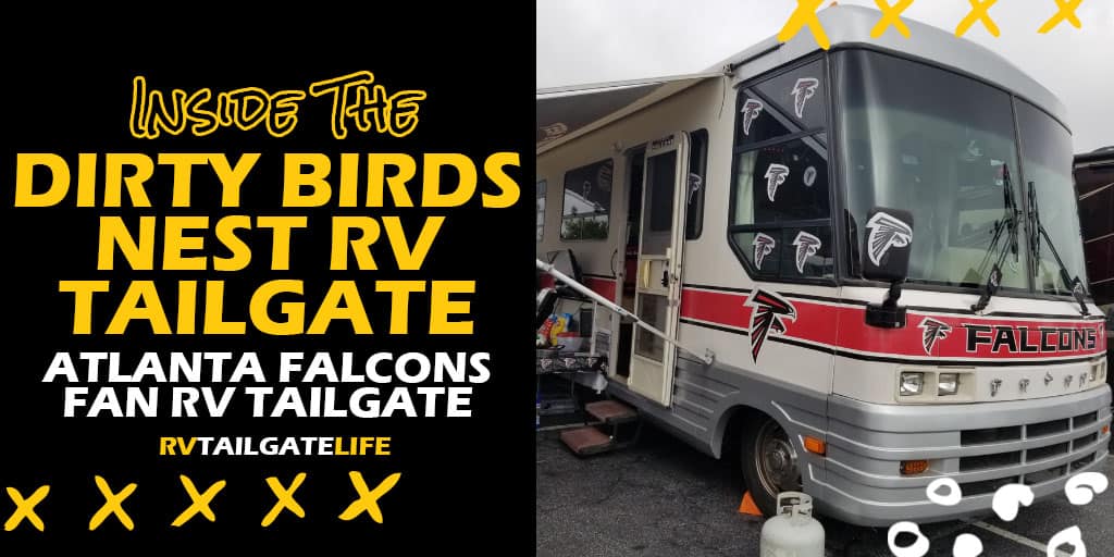 Inside the Dirty Birds Nest RV Tailgate, Atlanta Falcons fan RV tailgate with a picture of the Falcons RV