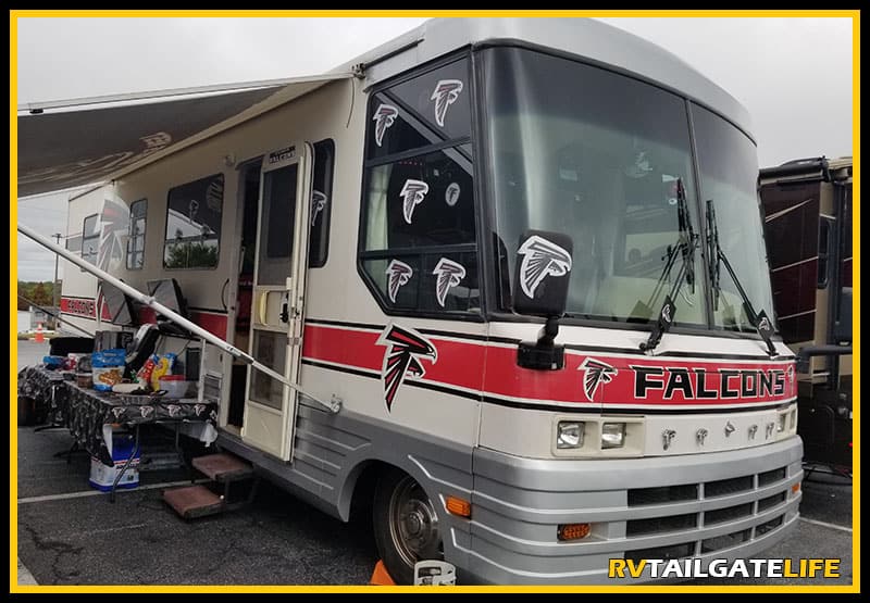The Dirty Nest Tailgate Atlanta Falcons RV setup for tailgating
