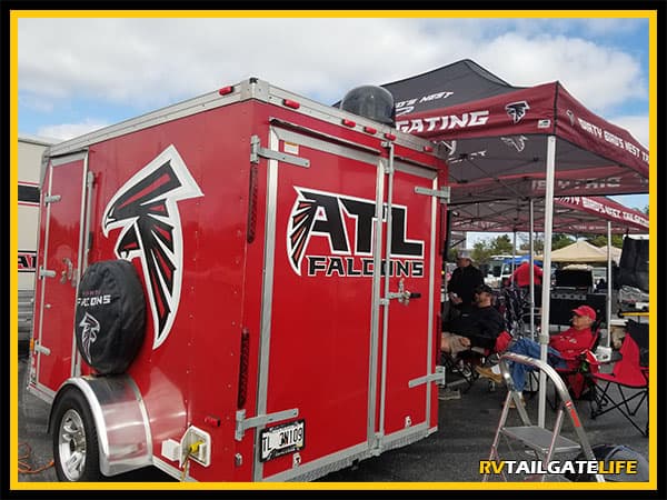 Dirty Birds Nest Atlanta Falcons trailer with TVs, stereo, and kegerator as well as storage space for all the gear