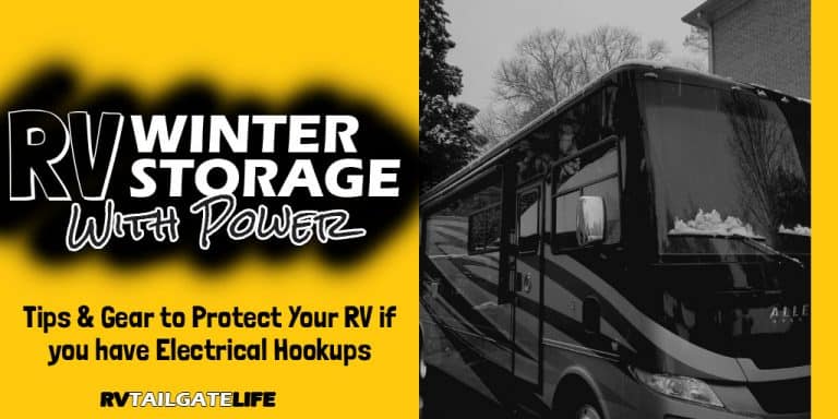 RV Winter Storage with Power - Tips and gear to protect your RV if you have electrical hokups during winter storage with a picture of a Tiffin RV with snow on it