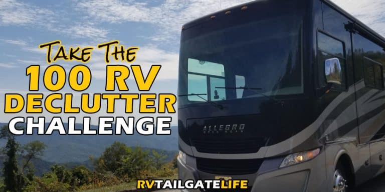 Take the 100 RV Declutter Challenge from RV Tailgate Life with a picture of the front end of a Class A motorhome