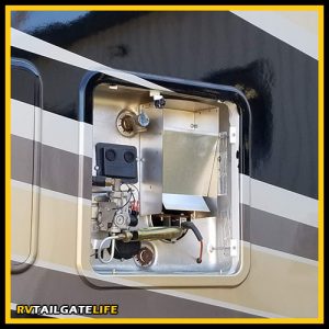 Picture of the RV water heater. Bacteria in the water heater may be causing unpleasant odors in your RV shower. 