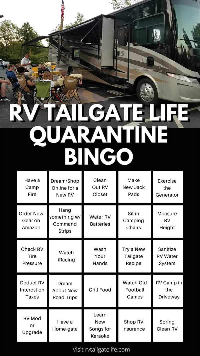 RV Tailgate Life Quarantine Bingo card with things to do during your lockdown 