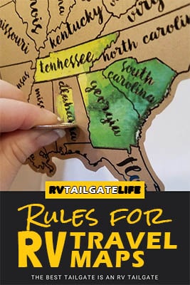 Rules for RV Travel Maps by RV Tailgate Life with a picture of the southeast United States and Alabama being scratched off with a quarter