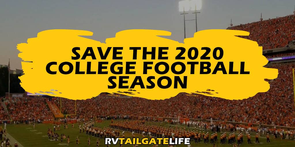 Save the 2020 College Football Season overlayed on a picture of Clemson Tigers home football game from 2019