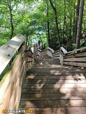 The stairs on the boardwalk to an overlook for the New River Gorge Bridge