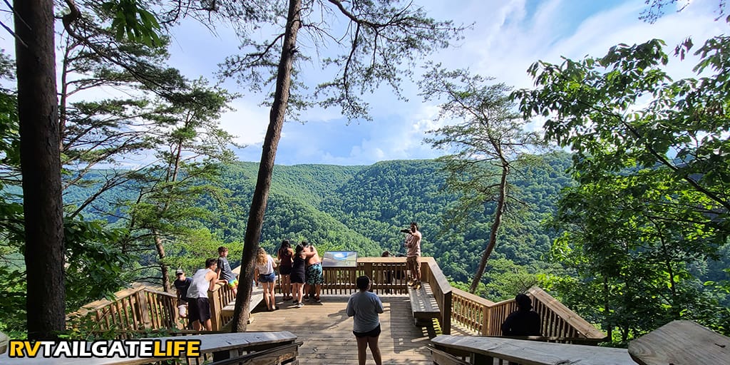 The overlook at the end of the boardwalk stairs to see the New River Gorge Bridge in West Virginia. The New River Gorge is the nation's newest National Park