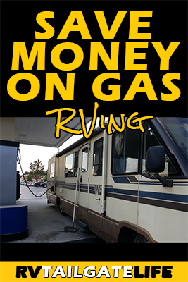 Save Money on Gas RVing with a picture of an older class A motorhome at the gas pump