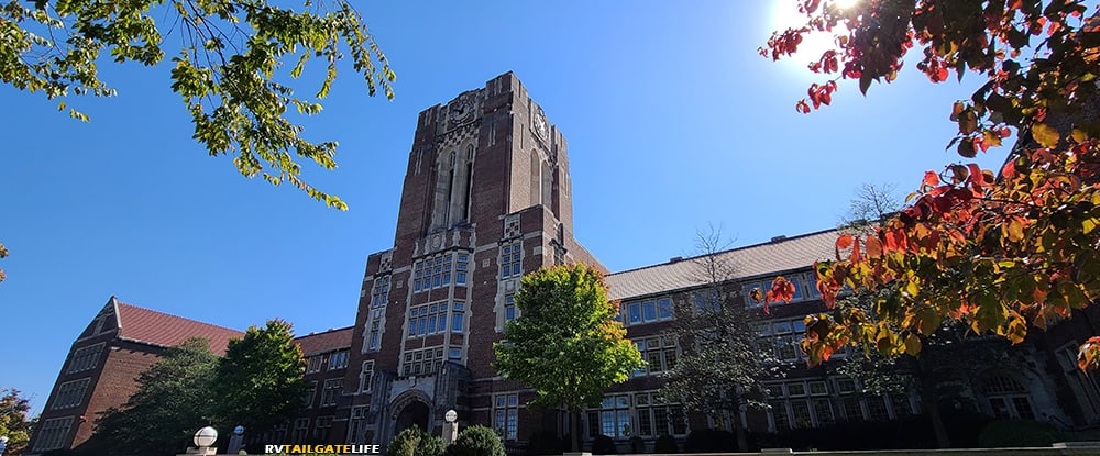 Ayres Hall at University of Tennessee Knoxville. The orange and white checkerboard pattern that Tennessee is known for comes from the brick work at the top of the tower.