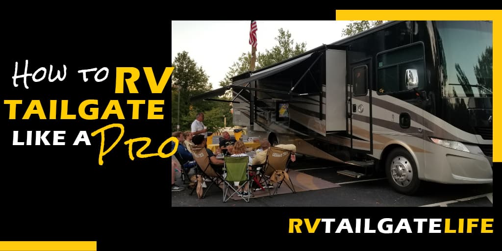How to RV Tailgate like a Pro with a picture of a group watching a football game at Class A motorhome tailgate.