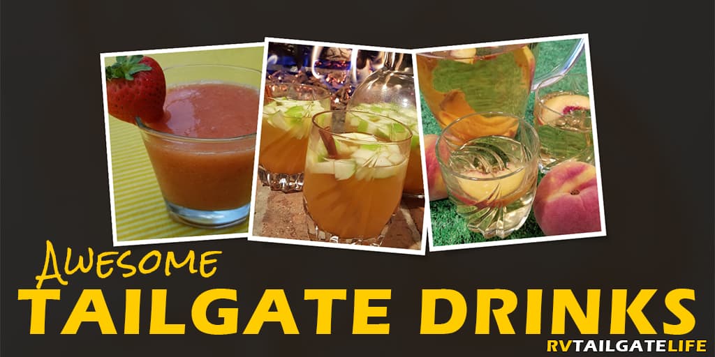 Awesome Tailgate Drinks with pictures of: Frozen Strawberry Fruit Slush, Pumpkin Spice Sangria, and Peach Sangria