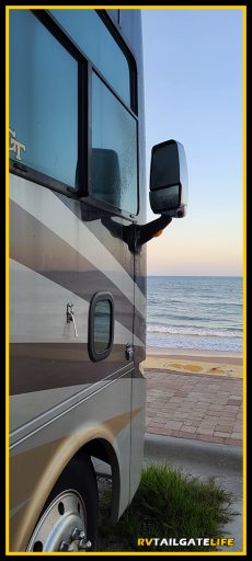 The front of a motorhome looking at over the boardwalk and Beverly Beach on Florida's Atlantic Coast.